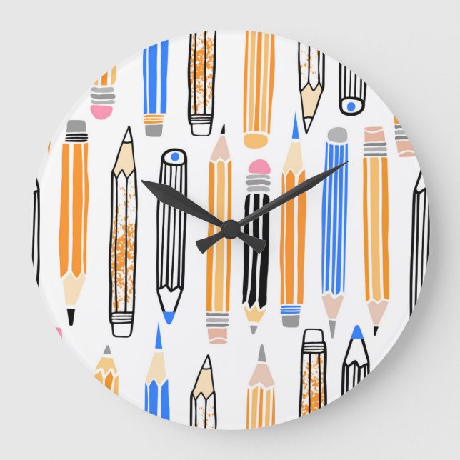 School Pencil Hand Drawn Illustration Large Clock (Front)