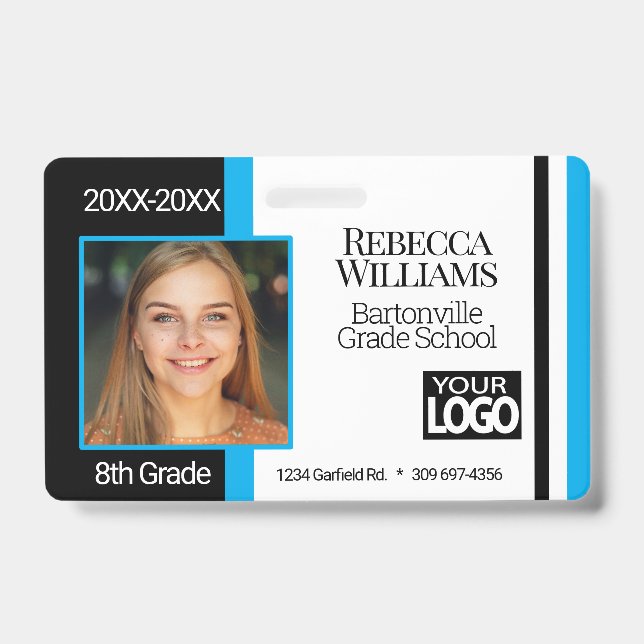 School Photo Badge - Baby Blue, Black White ID Badge (Front)