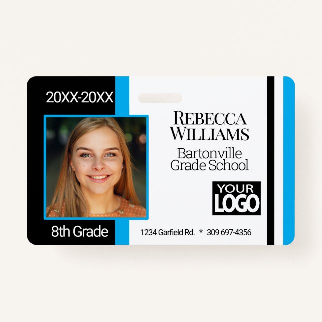 School Photo Badge - Baby Blue, Black White ID Badge (Front)