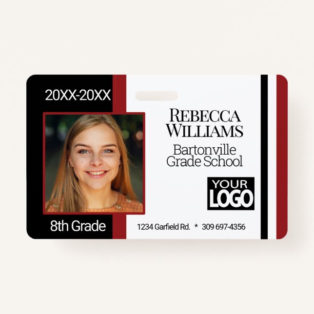 School Photo Badge - Dark Red, Black White ID Badge (Front)