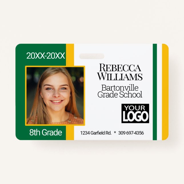 School Photo Badge - Green and Gold ID Badge (Front)