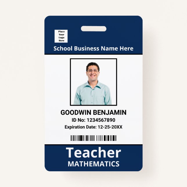 School Professional Employee Photo Bar Code Name   ID Badge (Front)