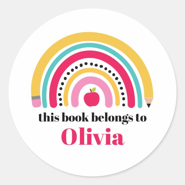 School Rainbow Personalised Name book Label (Front)