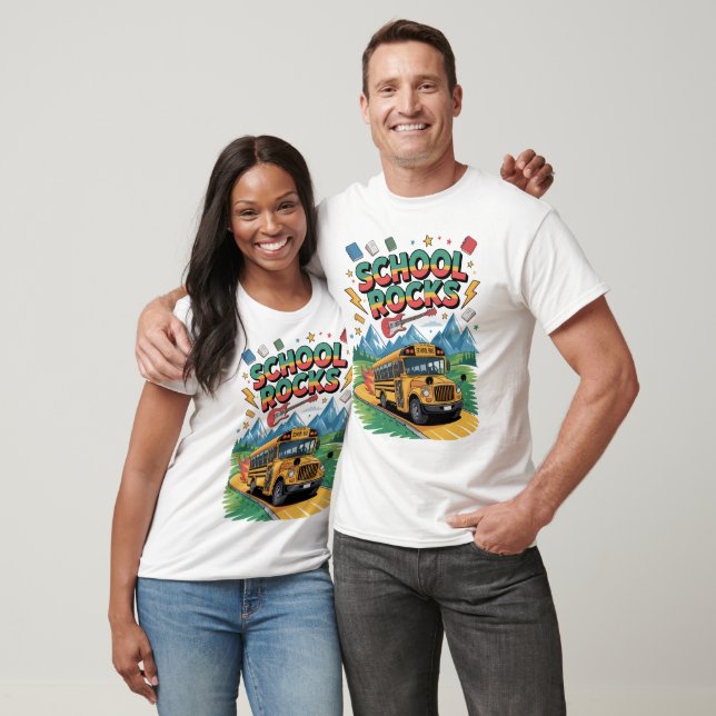 School Rocks Bus Guitar Mountains T-Shirt (Unisex)