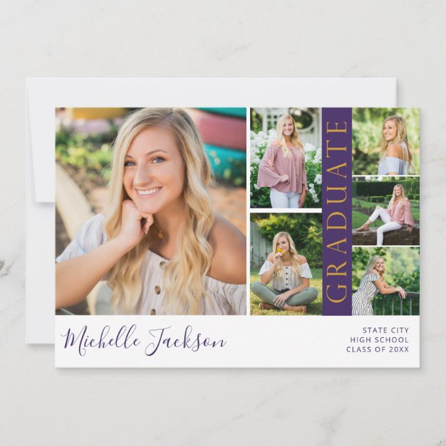 School Spirit 6 Photo Graduation Purple Announce Invitation (Front)