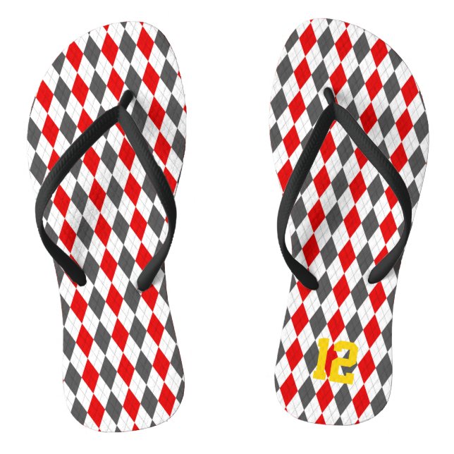 School Spirit Argyle Sports Player NUMBER Fun Flip Flops (Footbed)