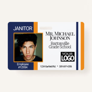 School Staff Photo Badge - Blue and Orange ID Badge