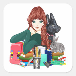 School Study Buddies Furry Friends Sticker, ZKOA Square Sticker