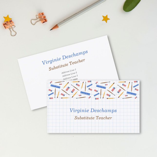 School Supplies & Grid Sheet Substitute Teacher Business Card (School Supplies & Grid Sheet Substitute Teacher Business Card)