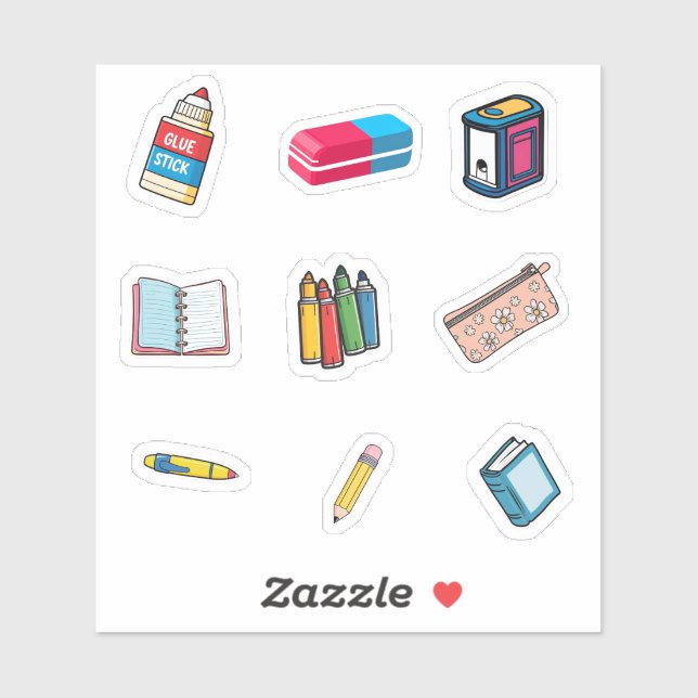 School Supplies Sticker Pack - Cartoon Illustratio (Sheet)