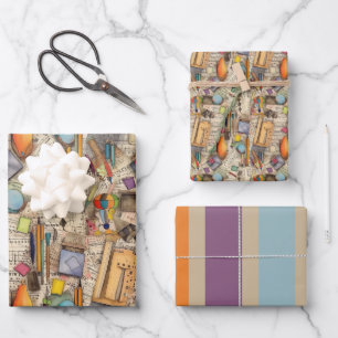 School supplies waterclor drawing collage pattern wrapping paper sheet