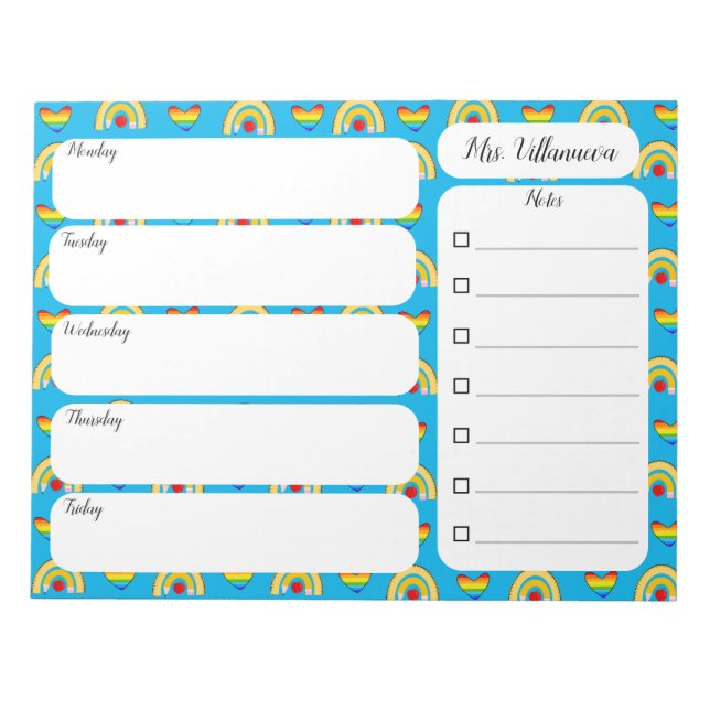 School Supplies with Rainbow Hearts Weekly Notepad (Front)