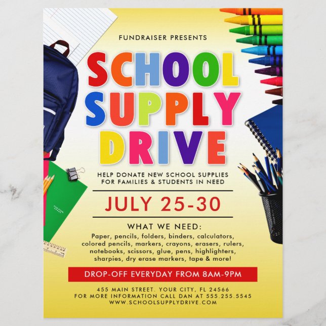 School Supply Drive Fundraiser Flyer (Front)