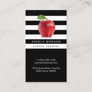 School Teacher Apple Elegant Black White Stripes Business Card