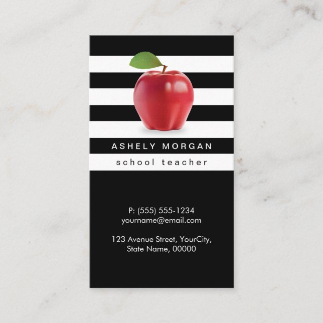 School Teacher Apple Elegant Black White Stripes Business Card (Front)