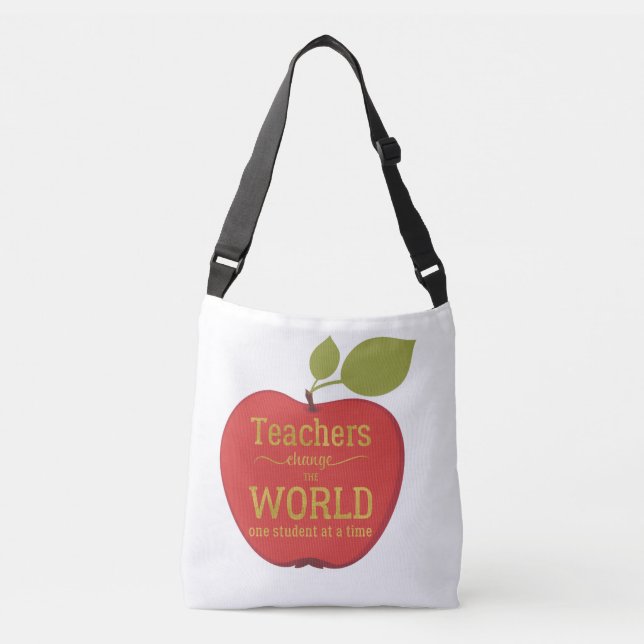 School teacher gold script quote on red apple crossbody bag (Front)