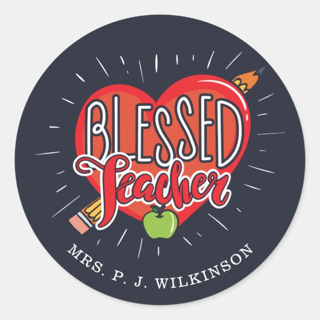 School Teacher Heart Pencil Apple Custom Classic Round Sticker (Front)