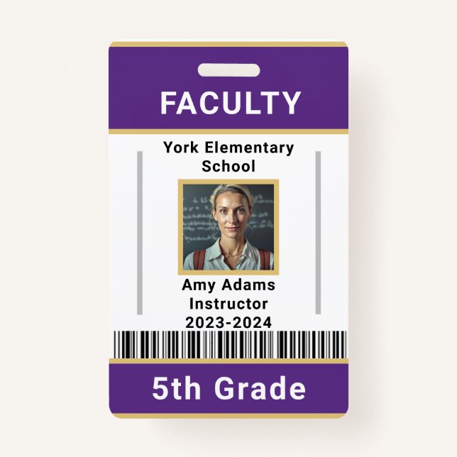 School Teacher ID Badge Template W/ Barcode Purple (Front)
