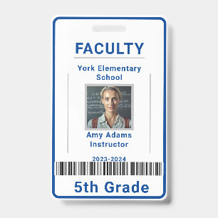 School Teacher ID Badge Template With Barcode Blue