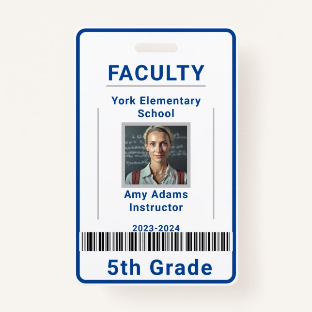 School Teacher ID Badge Template With Barcode Blue (Front)