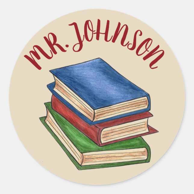 School Teacher Library Book Stack Personalised Classic Round Sticker (Front)