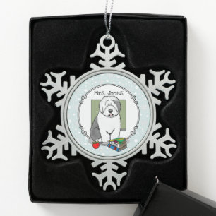 School Teacher Old English Sheepdog (Grey 1) Cute Snowflake Pewter Christmas Ornament