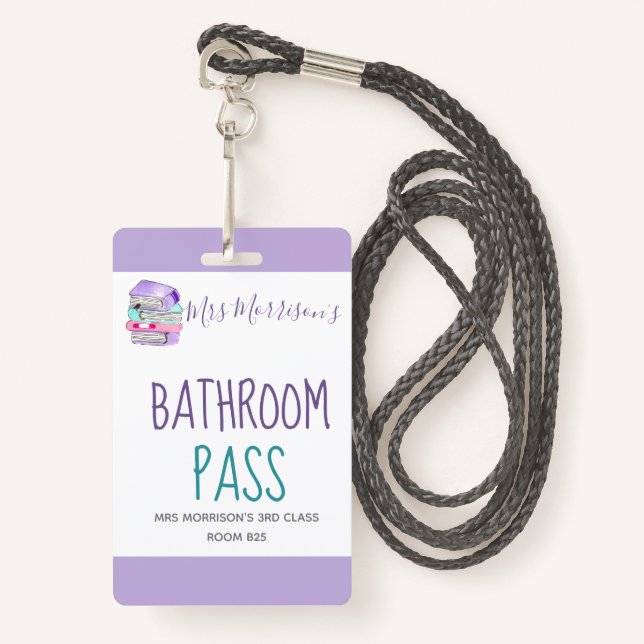 School teacher purple bathroom pass badge ID badge (Front with Lanyard)
