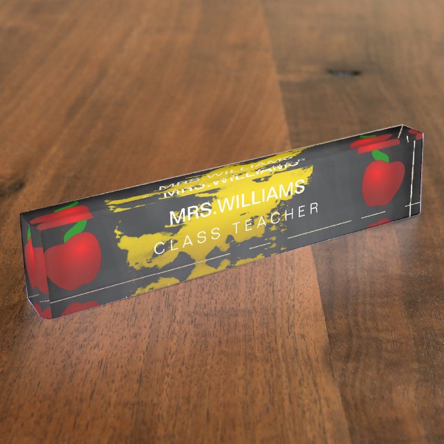 School Teacher Red Apple Black Chalkboard Nameplate (Side)