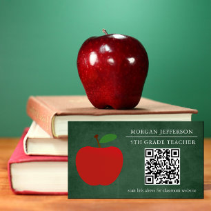 School Teacher Red Apple Chalkboard QR Code Magnetic Business Card