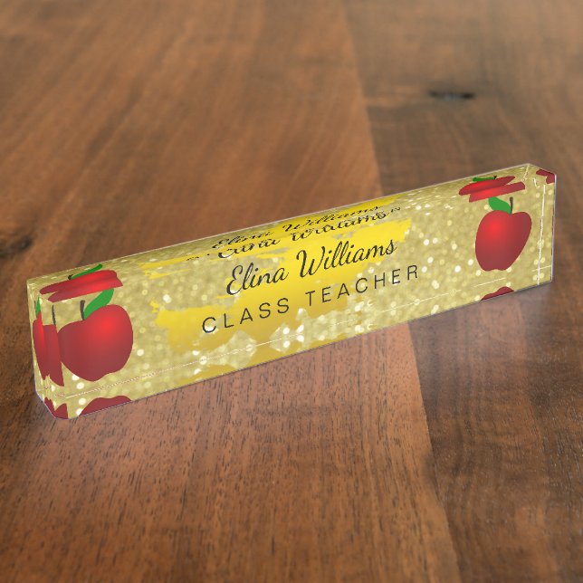 School Teacher Red Apple Gold Classic Confetti Nameplate (Side)