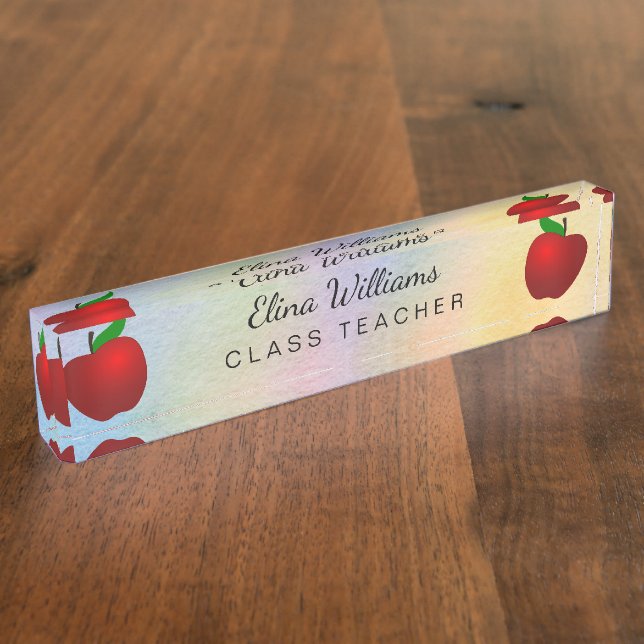 School Teacher Red Apple Watercolor Nameplate (Side)