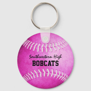 School team and player name pink softball key ring