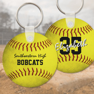 School team and player name yellow softball key ring