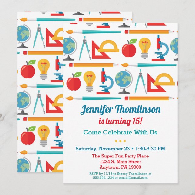 School Theme Birthday Invitation Education Teacher (Front/Back)