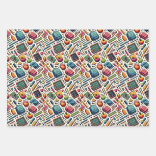 School Theme Wrapping Paper Flat Sheet Set of 3