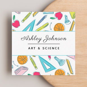 School Things Objects Pattern Teacher Colourful Fu Square Business Card