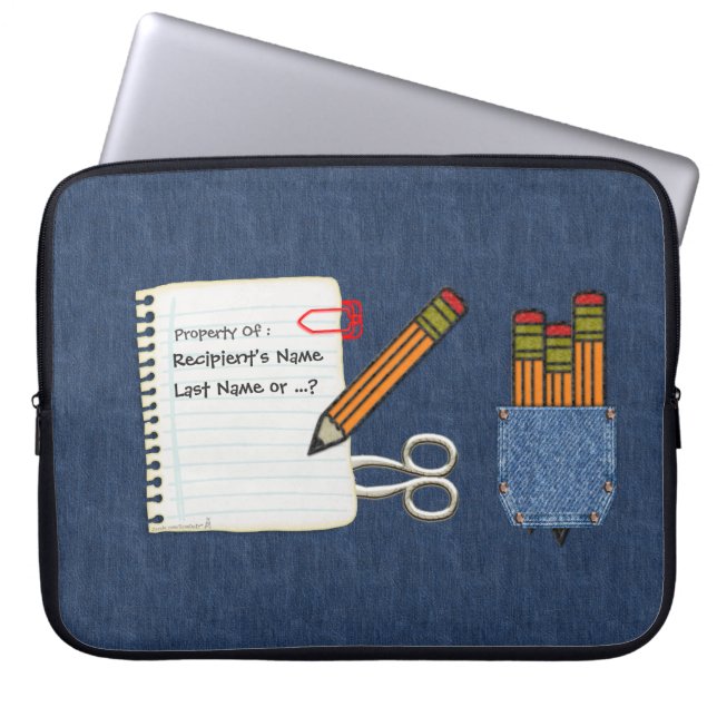 School Tools on Denim Personalised Laptop Sleeve (Front)