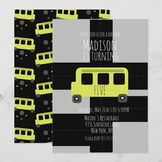 School Transportation Wheel Bus Birthday Party  Announcement (Front/Back)