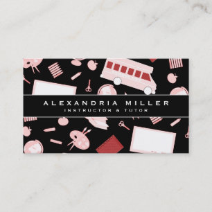School Tutor Pattern Black White & Pink Business Card
