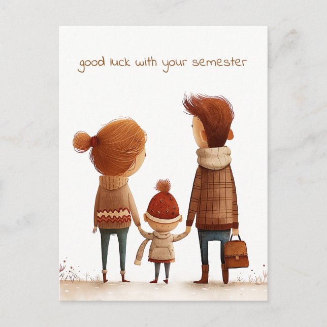 Schoolboy Holding Hands with His Mother and Father Postcard (Front)