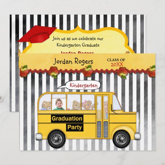 Schoolbus Teddy Bear Photo Kindergarten Graduation Invitation (Front/Back)