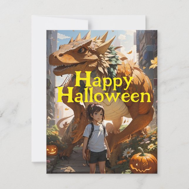 Schoolgirl and Dinosaur Halloween Friend Holiday Card (Front)