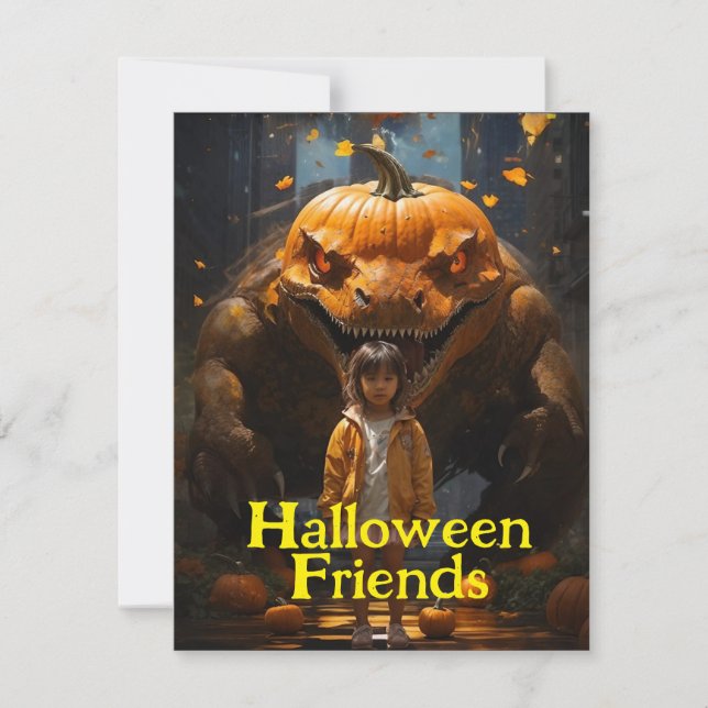 Schoolgirl and Pumpkin Dinogoblin Halloween Holiday Card (Front)
