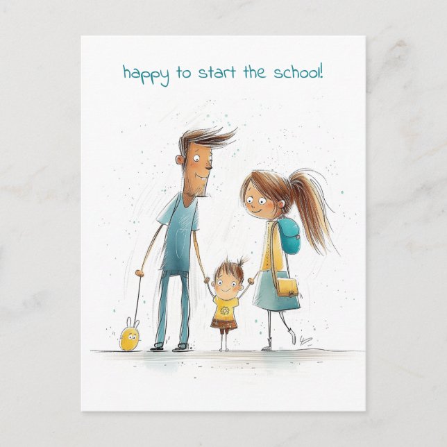 Schoolgirl with her Mother and Father Postcard (Front)