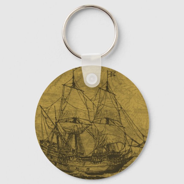 Schooner And Vintage Map Key Ring (Front)