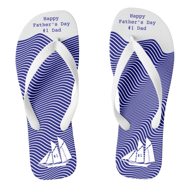 Schooner on Quirky Navy/White Waves - Fathers Day Flip Flops (Footbed)