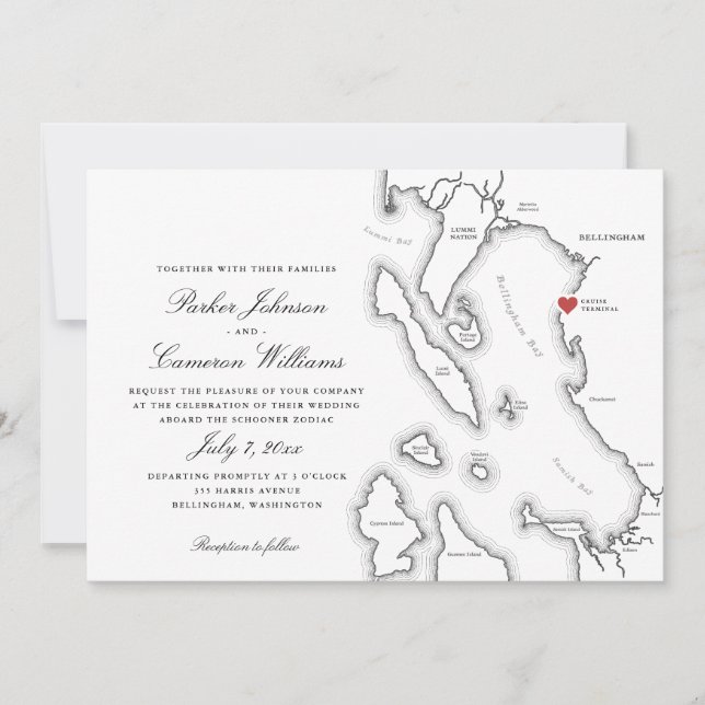 Schooner Zodiac Bellingham Bay WA Map Wedding Invitation (Front)