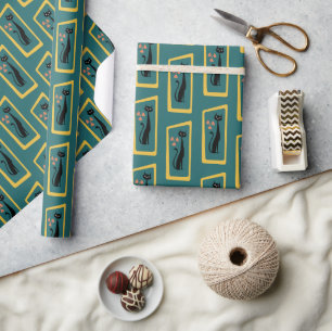 Schrödinger's Cat Mid Century Modern dark blue Wrapping Paper