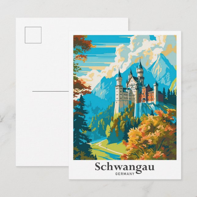 Schwangau Germany Vintage Travel Illustration Postcard (Front/Back)
