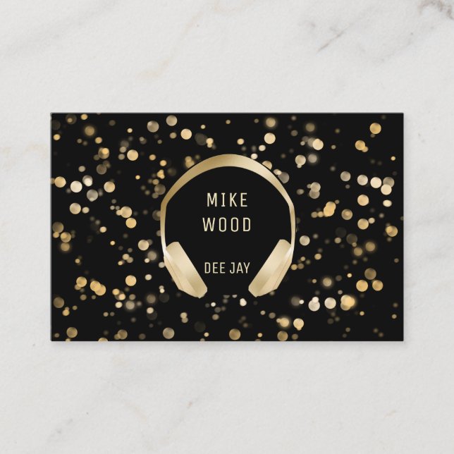 Schwarz Gold Bokeh Kopfhörer  DJ Visitenkarte Business Card (Front)